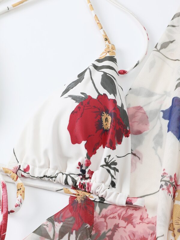 Conjunto Biquíni Cortininha Com Kimono Floral Moda Praia