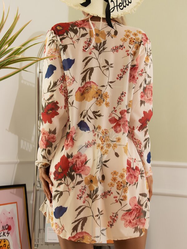 Conjunto Biquíni Cortininha Com Kimono Floral Moda Praia