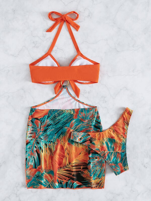 Tankini Frente Única Com Argola E Saia Estampada