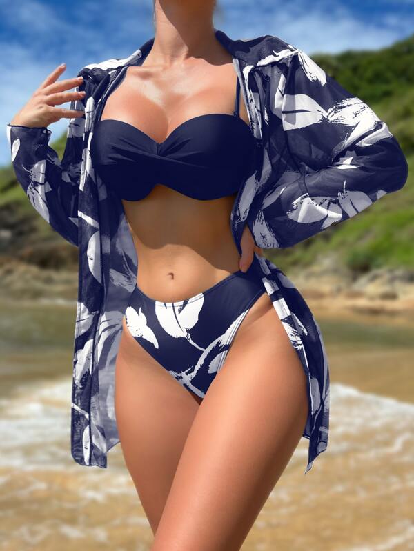 Conjunto Biquíni Top Torcido Com Kimono Floral Transparente