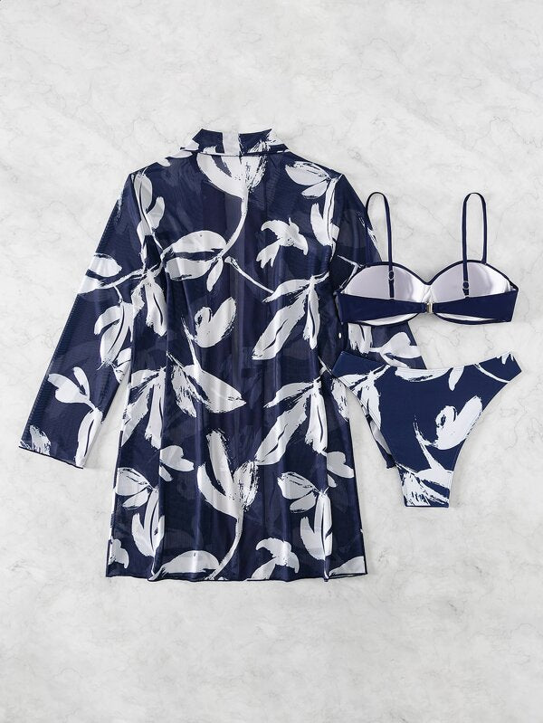 Conjunto Biquíni Top Torcido Com Kimono Floral Transparente