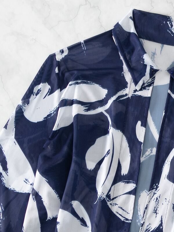 Conjunto Biquíni Top Torcido Com Kimono Floral Transparente