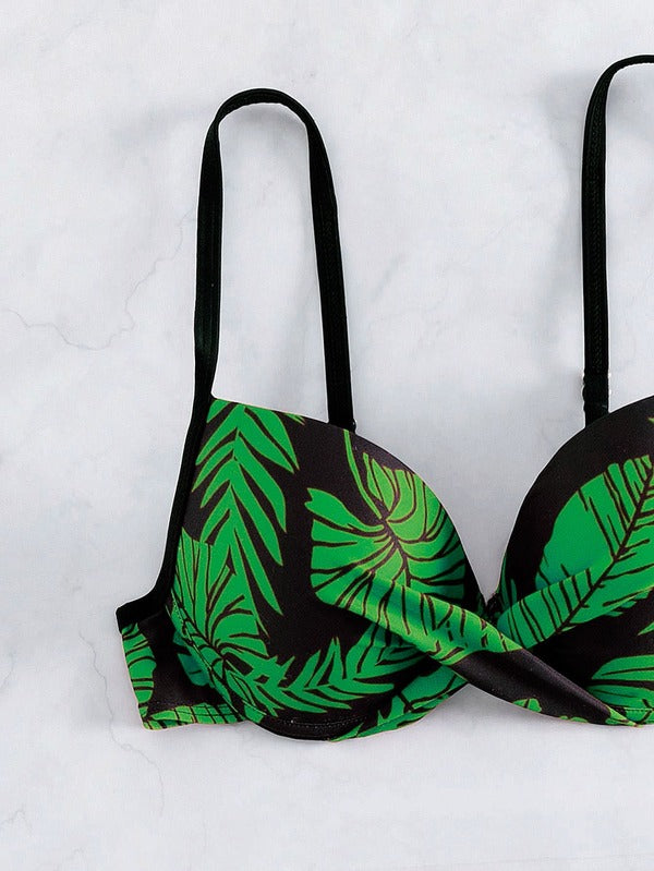 Conjunto Biquíni Meia Taça Pareô Com Franjas Folhagem Resort