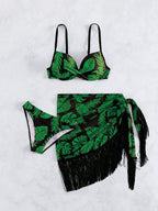 Conjunto Biquíni Meia Taça Pareô Com Franjas Folhagem Resort