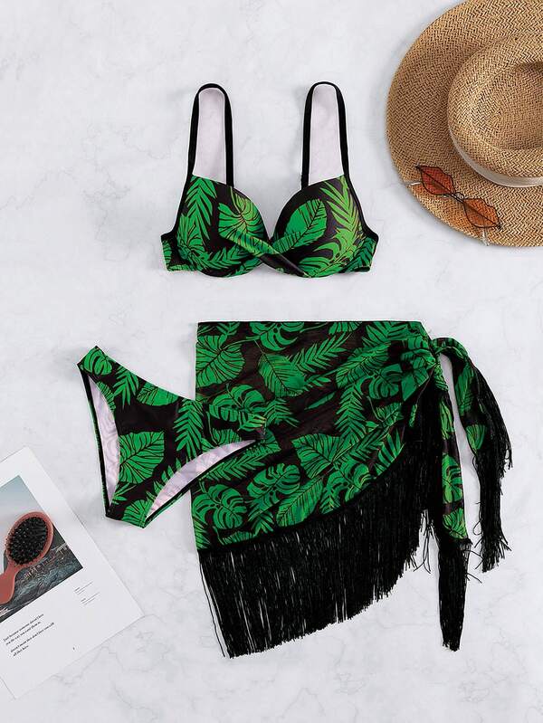 Conjunto Biquíni Meia Taça Pareô Com Franjas Folhagem Resort
