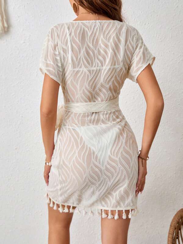 Saída De Praia Vestido Curto Transpassado Com Franjas
