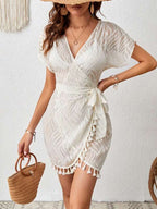 Saída De Praia Vestido Curto Transpassado Com Franjas