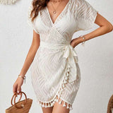 Saída De Praia Vestido Curto Transpassado Com Franjas