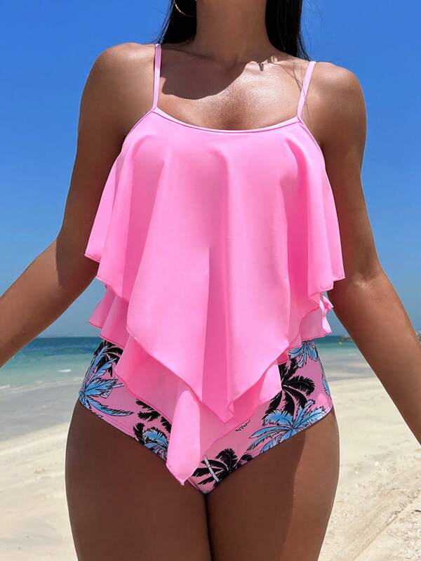 Tankini Babado Duplo Alças Ajustáveis Calcinha Estampada