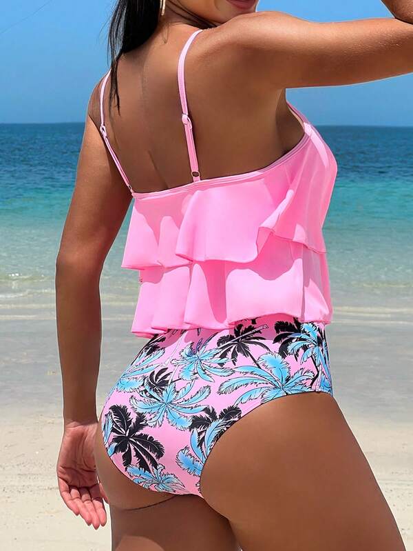 Tankini Babado Duplo Alças Ajustáveis Calcinha Estampada
