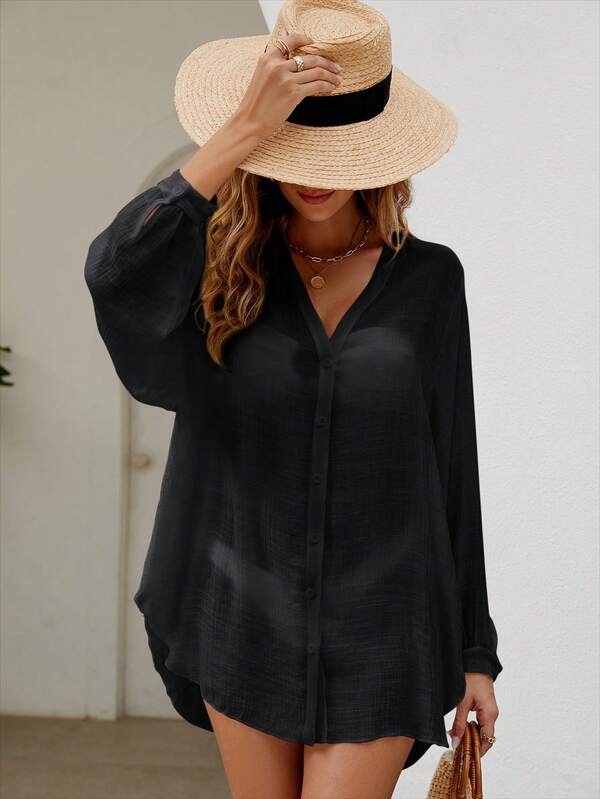 Saída De Praia Chemise Leve Com Botões Manga Longa