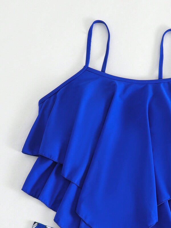 Tankini Babado Duplo Alças Ajustáveis Calcinha Estampada