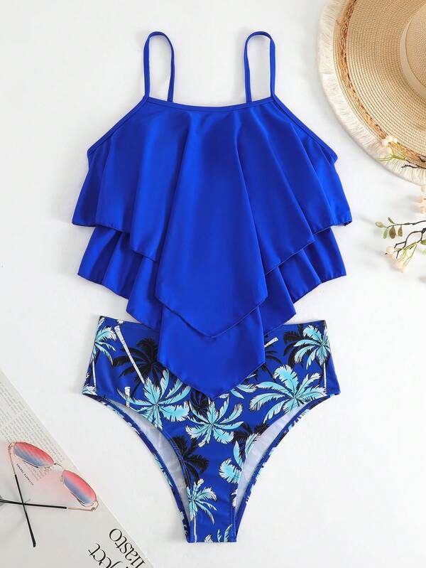 Tankini Babado Duplo Alças Ajustáveis Calcinha Estampada