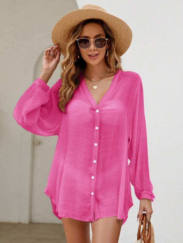 Saída De Praia Chemise Leve Com Botões Manga Longa