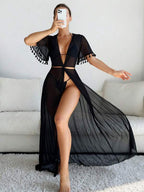 Saída De Praia Vestido Longo Transparente Com Franjas