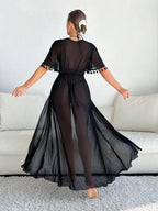 Saída De Praia Vestido Longo Transparente Com Franjas