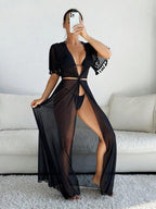 Saída De Praia Vestido Longo Transparente Com Franjas