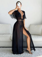 Saída De Praia Vestido Longo Transparente Com Franjas