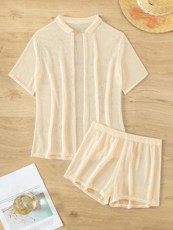 Saída De Praia Conjunto Tricot Vazado Com Shorts