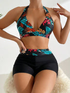 Tankini Frente Única Decote V Com Short Estampa Tropical