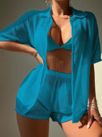 Saída De Praia Conjunto Tricot Vazado Com Shorts