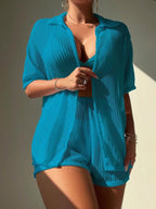 Saída De Praia Conjunto Tricot Vazado Com Shorts