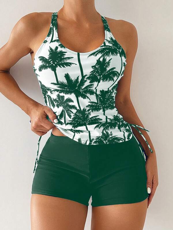 Tankini Com Short Estampa Coqueiro Amarração Lateral