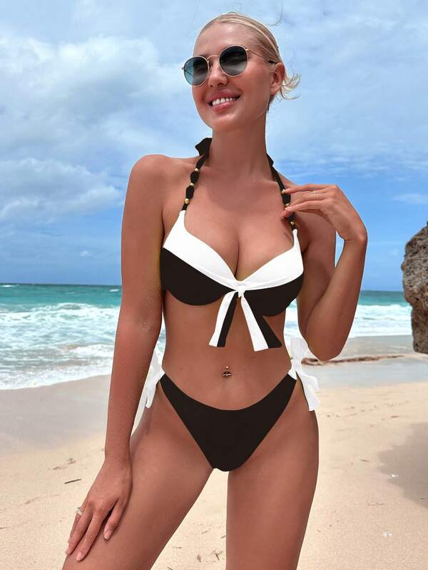 Biquíni Meia Taça Com Laço Frontal Estilo Resort