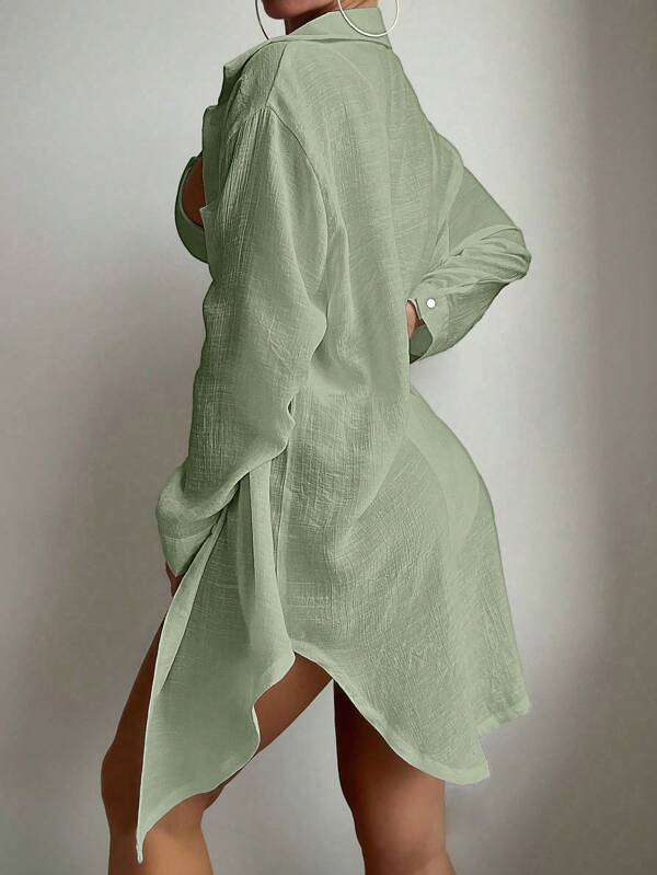 Saída De Praia Chemise Oversized Texturizada Com Bolso