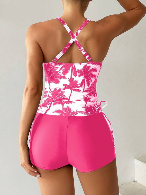Tankini Com Short Estampa Coqueiro Amarração Lateral