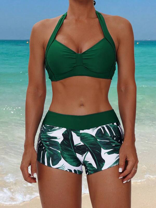 Tankini Frente Única Com Short Estampa Folhagem