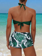 Tankini Frente Única Com Short Estampa Folhagem