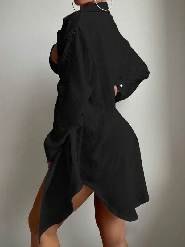 Saída De Praia Chemise Oversized Texturizada Com Bolso