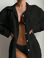 Saída De Praia Chemise Oversized Texturizada Com Bolso