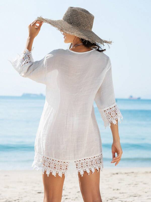 Saída De Praia Chemise Leve Com Renda E Botões