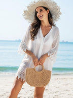 Saída De Praia Chemise Leve Com Renda E Botões