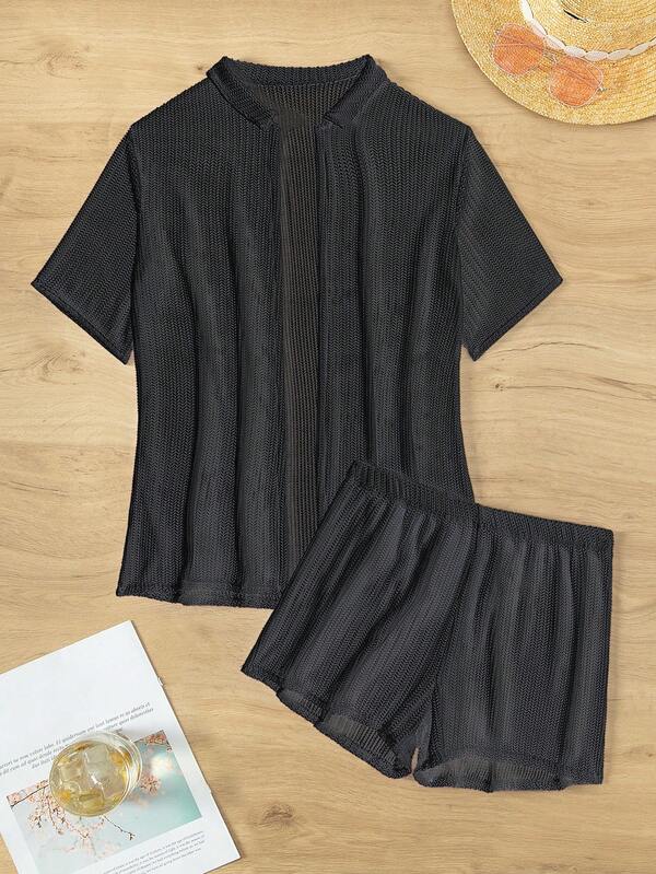 Saída De Praia Conjunto Tricot Vazado Com Shorts
