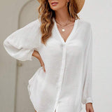 Saída De Praia Chemise Leve Com Botões Manga Longa