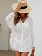 Saída De Praia Chemise Leve Com Botões Manga Longa