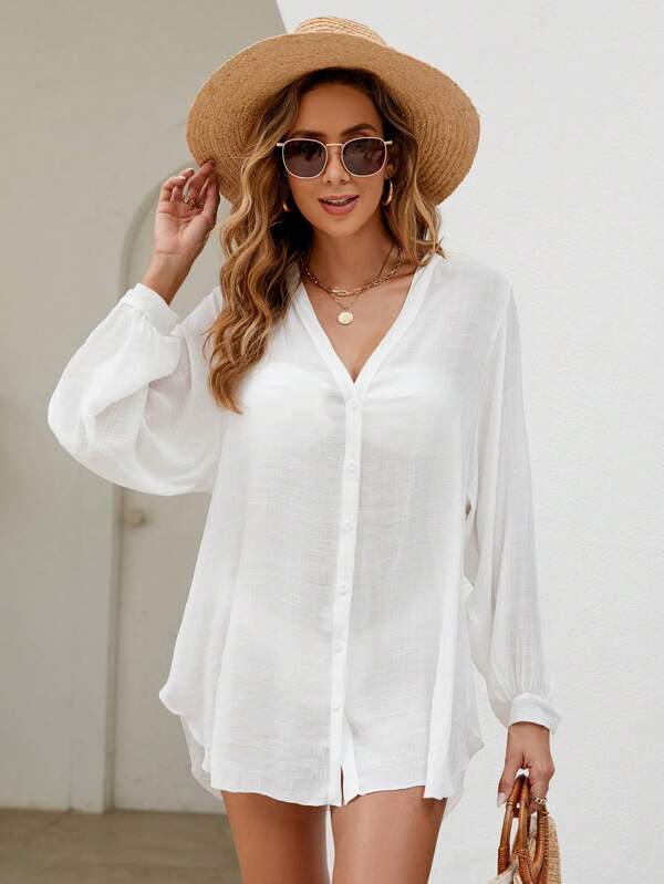 Saída De Praia Chemise Leve Com Botões Manga Longa