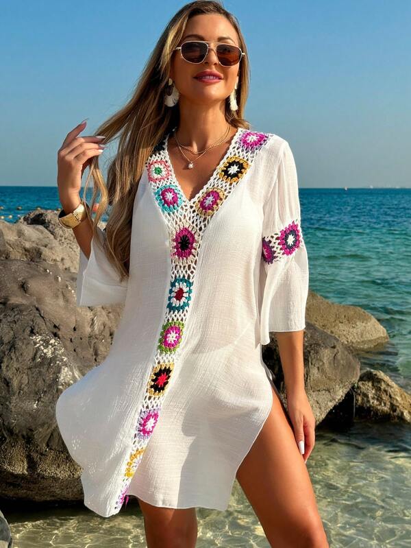 Saída De Praia Chemise Leve Com Bordado Em Crochê