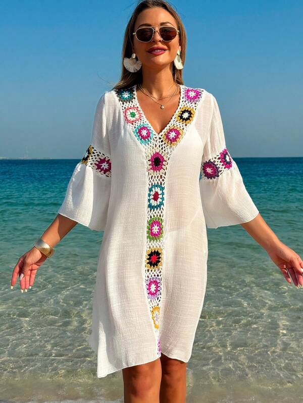 Saída De Praia Chemise Leve Com Bordado Em Crochê
