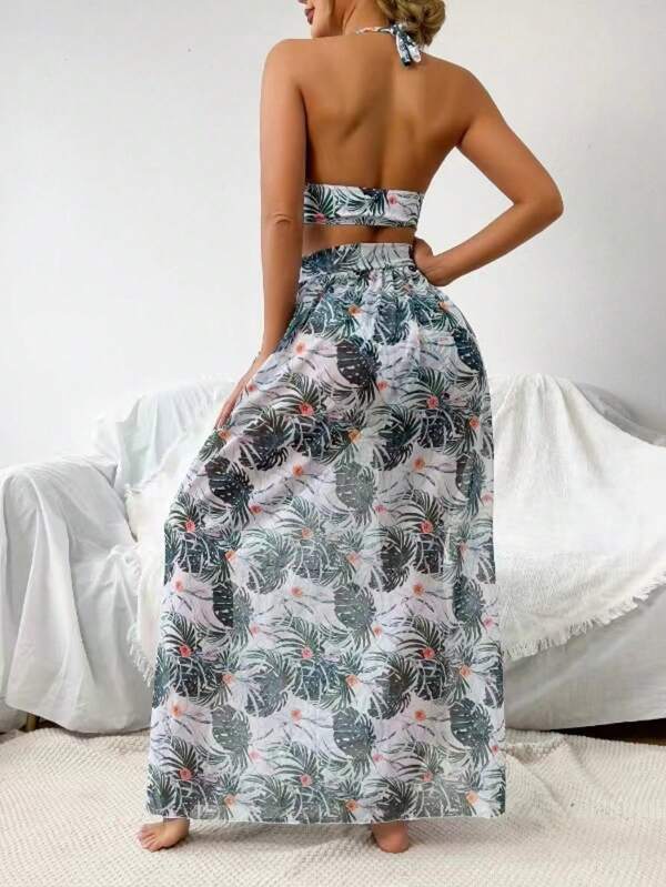Conjunto Maiô Frente Única Com Saia Pareô Folhagem Resort