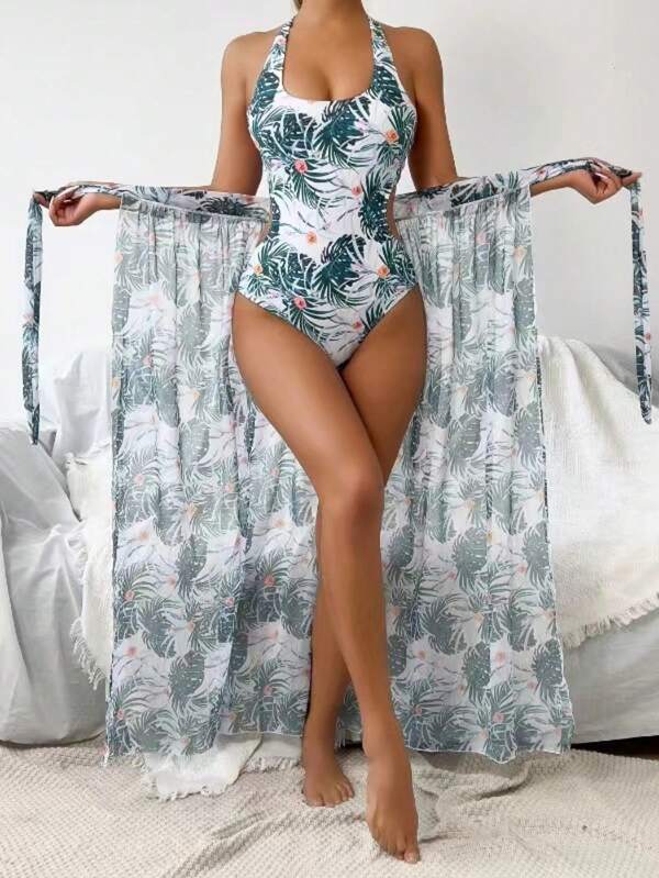Conjunto Maiô Frente Única Com Saia Pareô Folhagem Resort