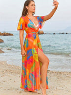 Saída De Praia Vestido Longo Estampado Com Amarração