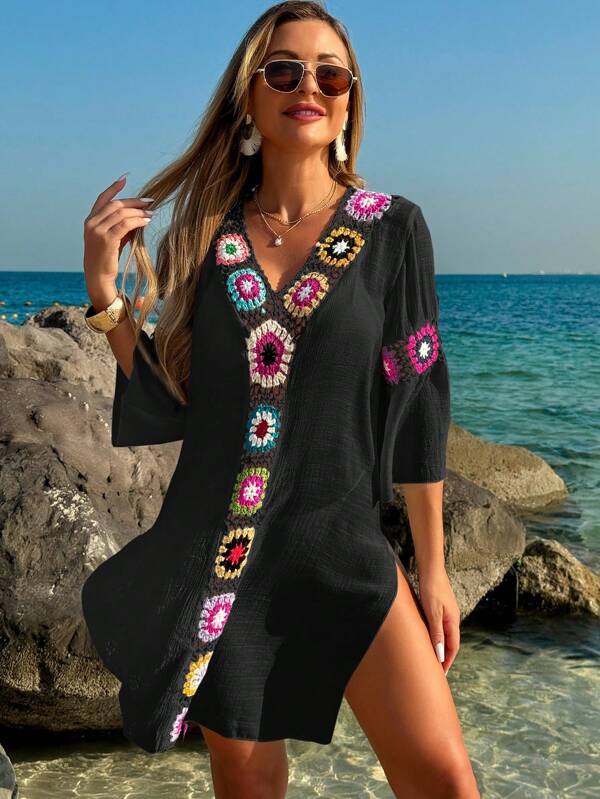 Saída De Praia Chemise Leve Com Bordado Em Crochê