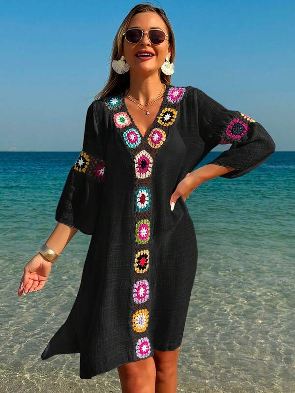 Saída De Praia Chemise Leve Com Bordado Em Crochê
