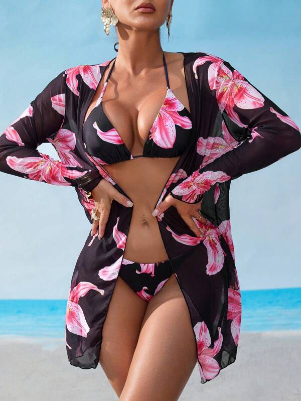Conjunto Biquíni Cortininha Com Kimono Floral Moda Praia
