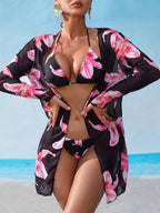 Conjunto Biquíni Cortininha Com Kimono Floral Moda Praia