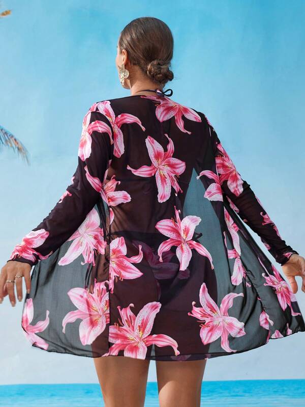 Conjunto Biquíni Cortininha Com Kimono Floral Moda Praia